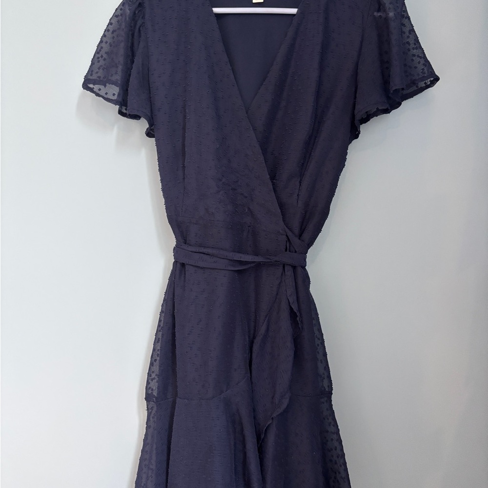 Navy Blue Flutter Sleeve Wrap Dress